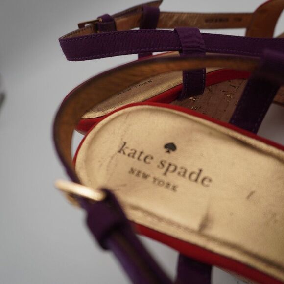 Kate Spade Penny Sandals Wedge Block Heels Red Purple Canvas Cork  Size 10M - Picture 5 of 7